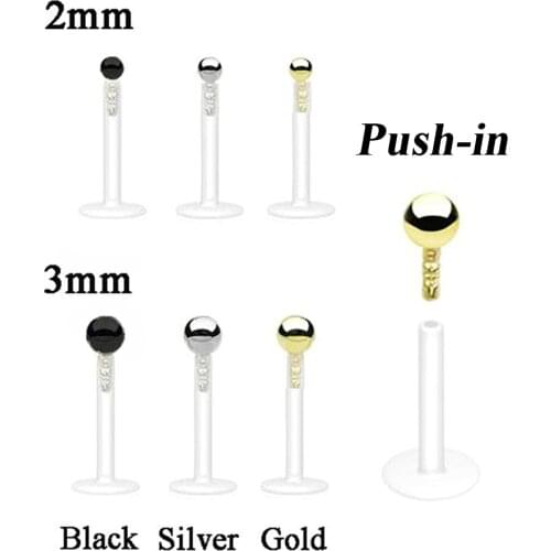 1Piece Bioplast Flexible Push-in Labret Lip Stud Black&Gold&Steel Ball 16G Ear Cartilage Tragus Piercing Fashion Jewelry