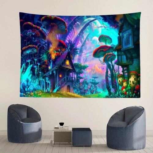 HD Weird Trippy Tapestry Blue Mushroom Home Decor Wall Hanging Tablecloth Picnic Mat Outdoor Sleeping Pad Photo Background TT85