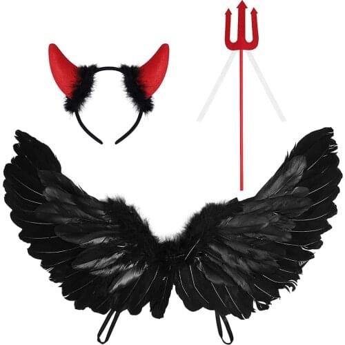 Adult Kids Halloween Black White Non Woven Feathers Angel Wings Evil Cosplay Costume Prop Stage Show Dress Up Accessory Birthday