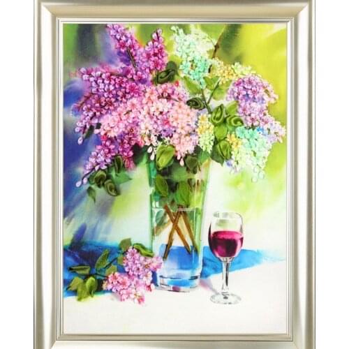 Needlework,DIY Ribbon Cross stitch Sets for Embroidery kit,Romantic lavender flowers Cross-Stitch handwork wedding wall decor