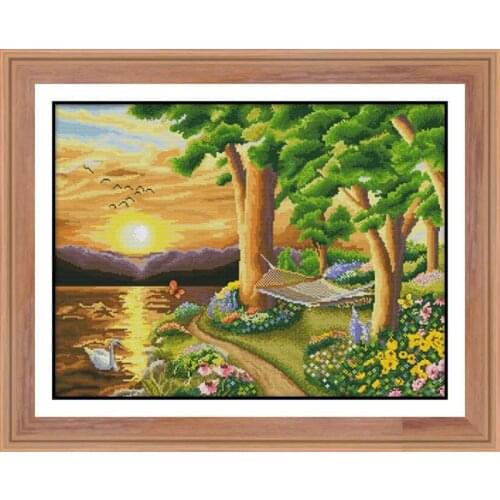 Sunset woods lakeside landscape series cross stitch kit 14CT cotton embroidery handmade DIY needlework decorative painting