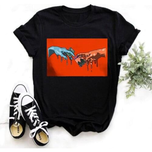 New Michelangelo Funny Cartoon Tshirt Women Grunge Aesthetic Hand Print T-shirt Graphic Oversized Tshirt Casual Top Tees Female