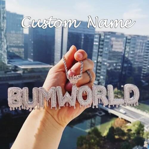 Bling Iced Out Cubic Zirconia A-Z Alphabet Custom Name Pendant Personalizsed Word Crown Bail Drip Nameplate Monogram Necklace