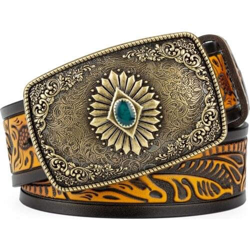 Bronze Pattern Buckle Tang Grass Embossed Leather Belt Decoration Men Big Head Fashion Belts Cowboy