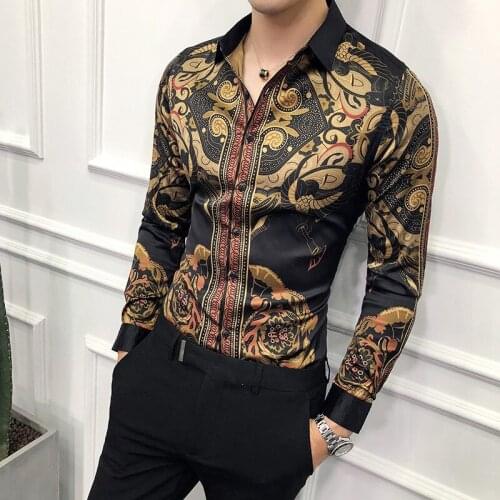 Luxury Printing Men Shirts Slim Fit Casual Business Formal Dress Shirts Long Sleeve Floral Shirt Streetwear Social Party Blouse