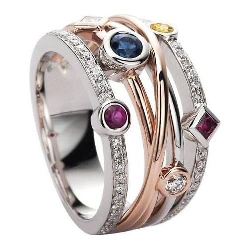 Deluxe silver colour lady cross two color gem ring fashion jewelry gift