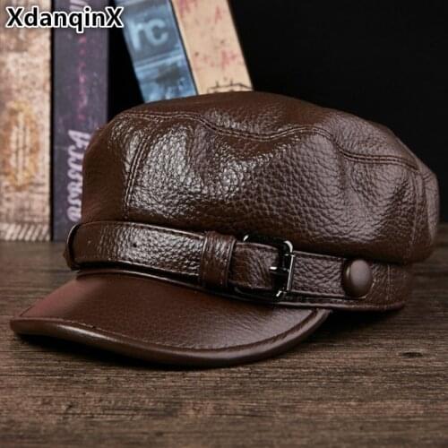 XdanqinX Elegant Genuine Leather Hat Autumn Winter Warm Cowhide Leather Military Hats For Men Women High Quality Brands Flat Cap
