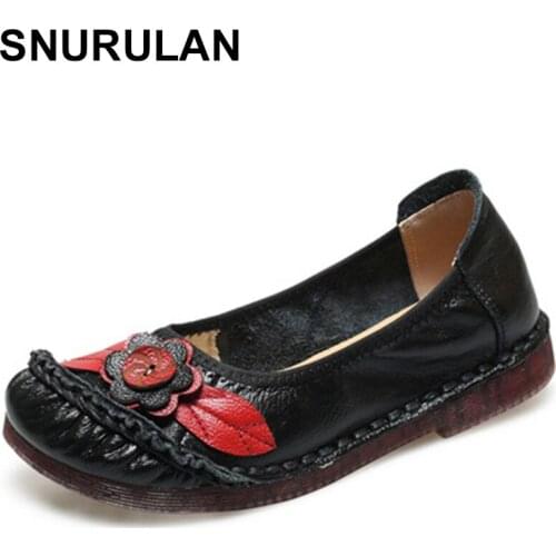 SNURULAN 2020 Spring Comfortable Genuine Leather Ballet Flats Women With Flowers Summer Breathable Soft Female Flats