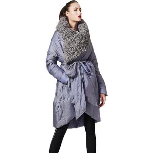 Vintage Lambswool Lapel Cloak Down Coat 2019 New Women Winter Long Hood Belted Duck Down Jacket Femme Outwear Overcoat W56
