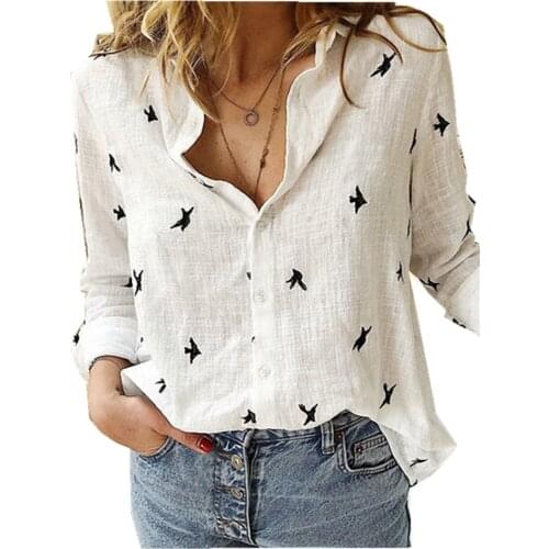3D Print Women Shirts Spring Long Sleeve Turn-down Collar Tops Flax Female White Blouse Fashion Shirt Plus Size 5XL Casual Top