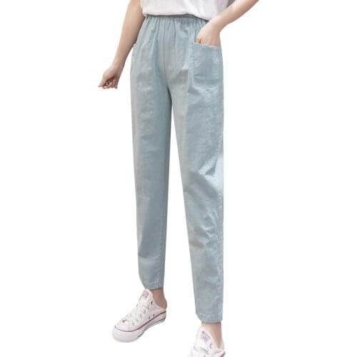 Womens Pants Summer 2021 New Cotton And Linen Pant Korean Loose Elasticity Waist Ankle-Length Pants Spring Thin Harlan Trousers