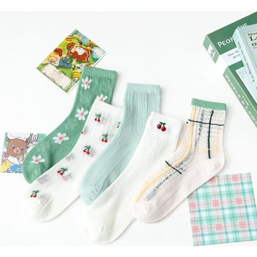 Dreamlikelin Spring Summer Female Fresh Green Socks Korean Style Thin Breathable Mesh Cherry Daisy Middle Tube Socks