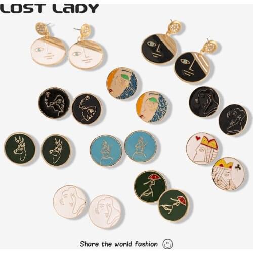 Lost Lady Fashion Enamel Abstract Human Face Stud Earrings For Women Retro Geometry Round Earrings Wholesale Jewelry Party Gift