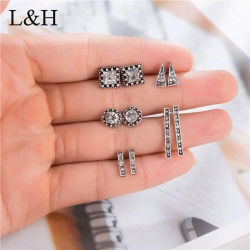 L&H 5 Pairs/Set Stud Earrings Vintage Antique Silver Color Earrings Fashion Geometric Round Triangle Earrings For Women Jewelry