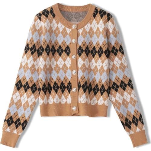 Women Sweater Vintage Wool Cardigan Button Knitwear Outwear Khaki Argyle Plaid Jumper Warm Sweater Women Autumn Patchwork Tops