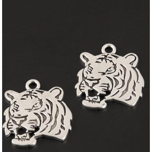 10pcs Silver Color Tiger Head Charms For Lucky Animal Jewelry Accessories Necklace Pendants