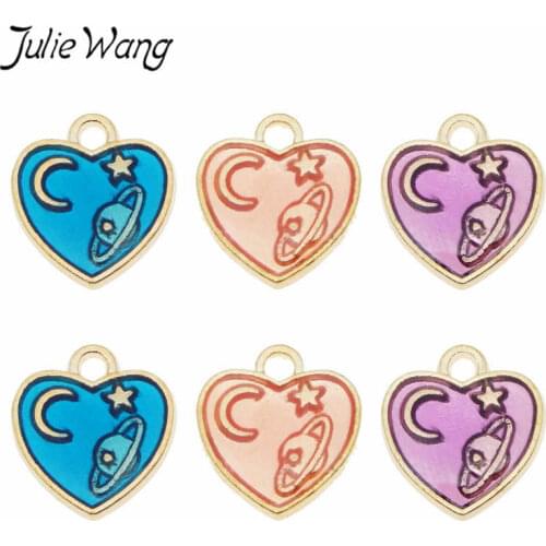Julie Wang 18pcs Enamel Small Heart Shape Charms Alloy Gold Tone Universe Pendant Necklace Bracelet Jewelry Making Accessory