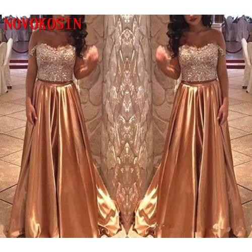 2019 Arabic Gold Two Pieces Beaded Crystal Bling A Line Prom Dresses Off Shoulder Satin Long Pageant Party Formal Evening Gown