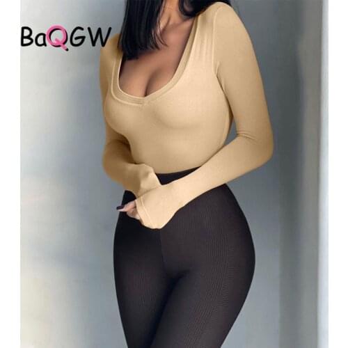 BaQGW Autum Long Sleeve Women Body Streetwear Dropshipping Female Sexy Bodycon Square Neck Sheath Crotch Basic Knit Overalls Top