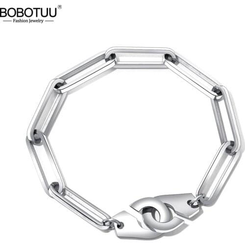 BOBOTUU Tide Stainless Steel Couple Handcuffs Bracelet Bangles Rose Gold Color Chain & Link Bracelets Jewelry For Women BB17071
