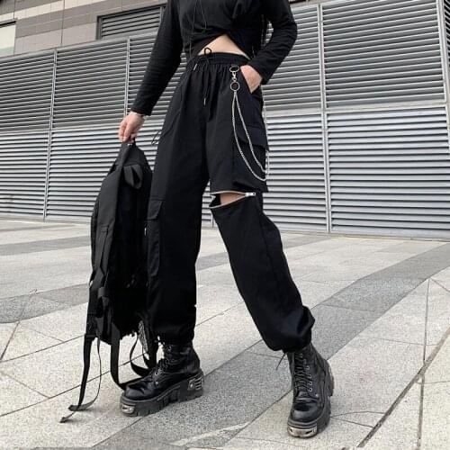 2021 New Style Women Fashion High Waist Pants Streetwear Hole Loose Black Pleated Drawstring Women Trousers Clothes Zipper