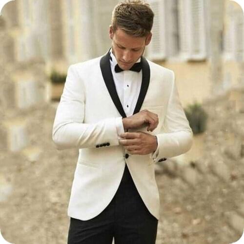 Ivory Men Suits for Wedding Black Shawl Lapel Groom Tuxedo Best Man Blazer Classic Costume Homme Slim Fit Terno Masculino 2Piece