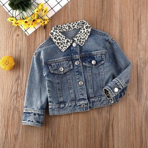 Kids Children Girls Long-Sleeved Denim Leopard Turn-down Collar Jackets Baby Denim Coat Outerwear