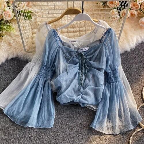 Women Spring Chiffon Split Flare Sleeve Shirts Crop Tops Backless Lace-up Slim Exposed Navel Blouse blusas mujer 2021