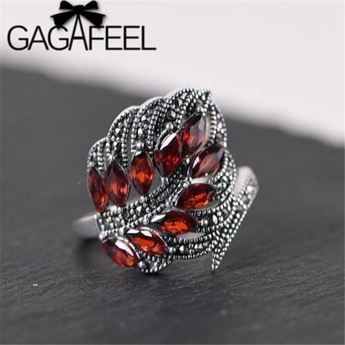 GAGAFEEL Vintage Feather Open Ring Elegant Red Stone Adjustable Rings S925 Sterling Silver Jewelry for Women Gifts