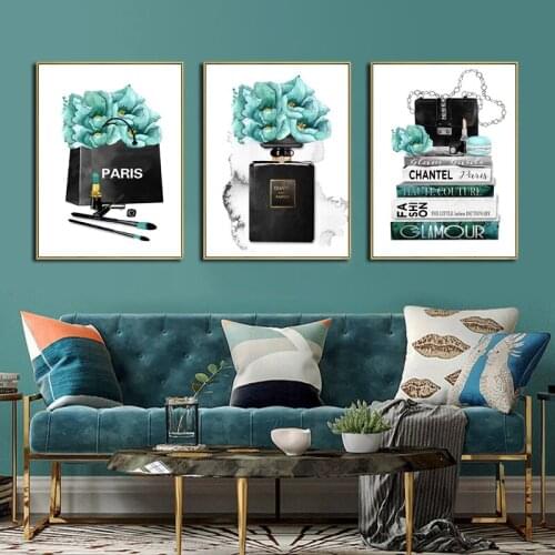 Canvas Poster Blue Green Flower Perfume Bag Nordic Printed High Heels Wall Painting for Shop Decor Fashion Female Wall Art Mural