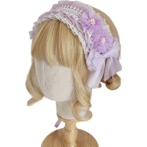 K3NF Girls Ruffles Multilayered Lace Hair Hoop Lace Bows with Long Tassel Headdress Cute Maid Headpiece Anime Lolita Headban