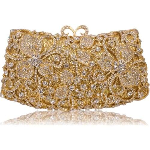 Flap Flower Metal Sparkling Gold Women Crystal Clutch Evening Bags Bridal Diamond Purse Wedding Party Minaudiere Handbag