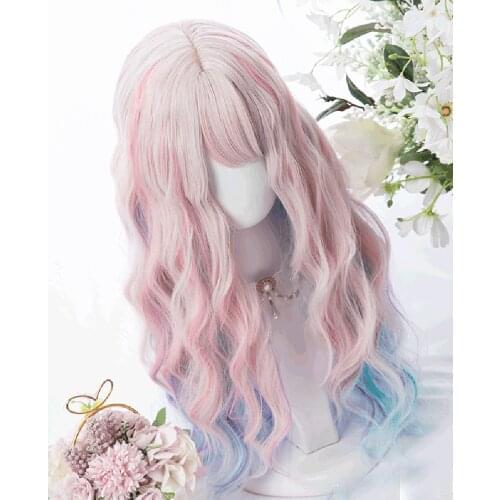 CosplayMix 67CM Long Curly Hair Bangs Lolita Mix Pink Blue Ombre Japan Cute Christmas Halloween Party Synthetic Cosplay Wig+Cap