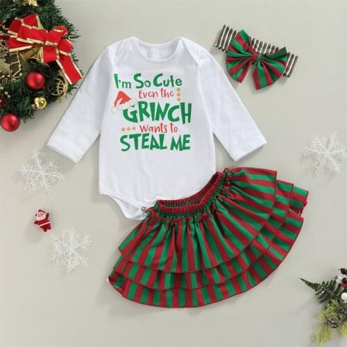 Baby Girl’s Three Piece Suit Fashion Letter Long Sleeve Romper and Stripe Short Skirt Headband Christmas Outfits for 0-3 Years