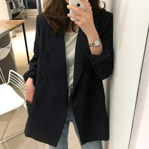 Spring Autumn Fashion Womens Long Sleeve Double Breasted Student Jacket Loose Casual Black Women Blazers Jackets Work Wear Coat