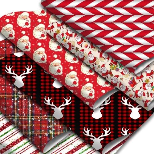 Christmas Theme Lychee Faux Leather Sheets Santa Claus Snow Printed Synthetic Leather Fabric 20x33cm for DIY Earrings Crafts