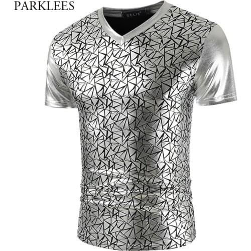 Shiny Silver Metallic Nightclub Wear T Shirt Men 2020 Geometric Pattern Stage Prom T Shirts Mens Slim Fit V Neck T-Shirt Homm