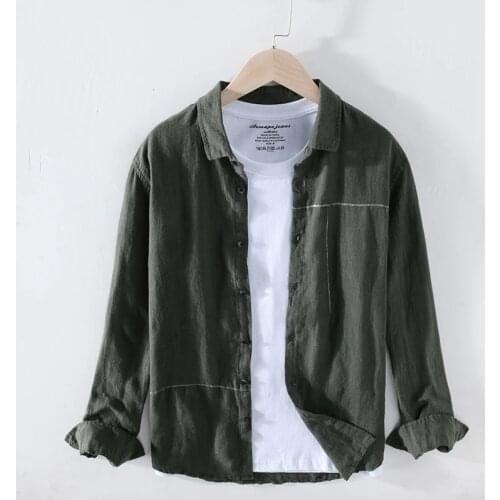 2020 Spring Summer New Pure Linen Shirts Men Striped line Long Sleeve Breathable Shirt Y2659