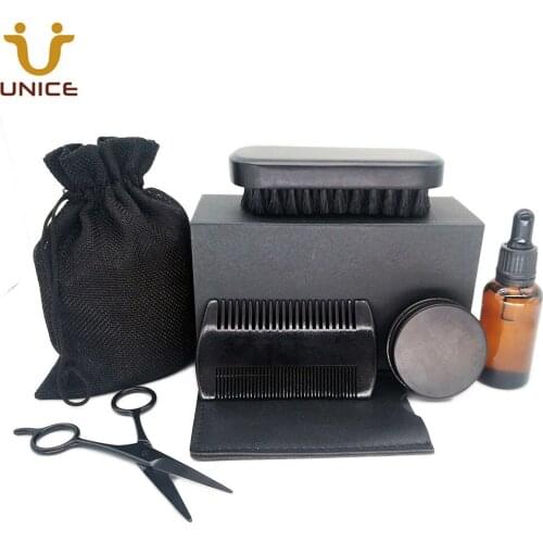 MOQ 100pcs Custom Your Label 7 in 1 Black Beard Care Kits Wood Hair Combs Beard Brush Beard Oil Balm Scissors in Gift Box & Bag
