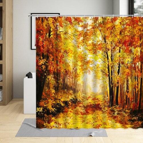 Autumn Scenery Forest Shower Curtain White Birch Tree Farm Oil Painting Landscape Pattern Bathroom Decor Polyester Fabric Set