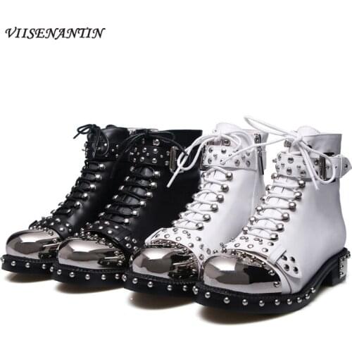 2021 New Personality Rivet Stitching Belt Buckle Short Boots Metal Round Toe Lace Up Casual Motorcycle Boots