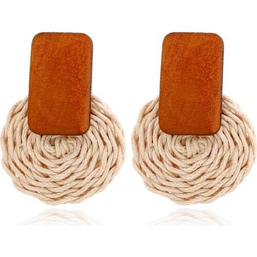 YAOLOGE New Handmade Wooden Straw Weave Rattan Earring Brown Vine Braid Geometric Round Drop Earrings For Women Jewelry 2019