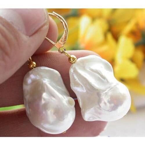 New Arrival Favorite Pearl Jewelry Huge 26MM White Keshi Reborn Pearl 14k/20 Gold Dangle Earrings Classic Fine Jewelry For Lady
