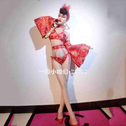 New Year Nightclub Stage Wear DS Female Singer DJ Chinese Style Sexy Low-cut Red Cut out Performance Costume Clothes Suit