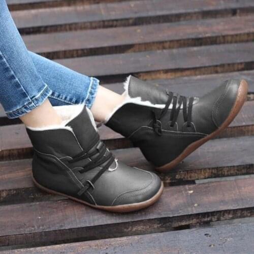 New Winter Retro Punk Women Boots Fashion Leather Warm Ankle Boots Lace-Up Flat Boots Black Zapatos De Mujer Wram Botas Mujer
