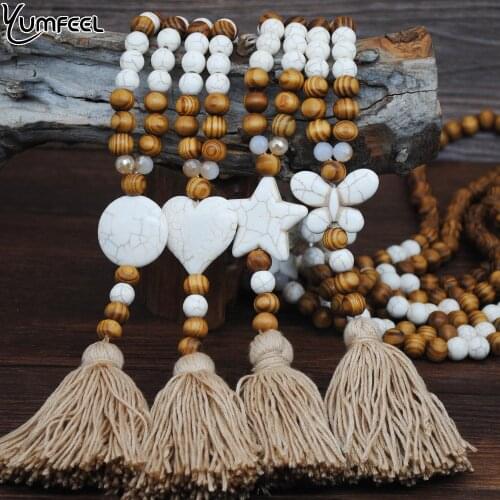 Yumfeel New Hand made Stone Jewelry Necklace White Butterfly Star Heart Stone Tassel Necklace Wood Bead Long Necklace Women Gift