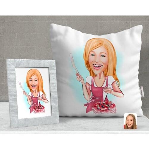 Personalized Women 'S Cook Caricature Of Decorative pillow And Frame Gift Seti-1