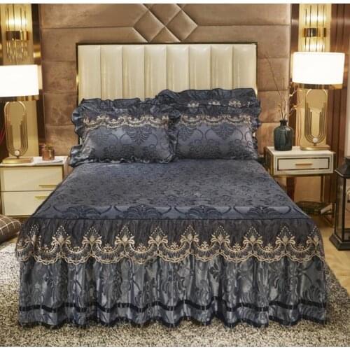 Europe Style Bedding Bed Skirt Pillowcases Sets Gray Velvet Thick Warm Lace Bedspread Bed Sheets Mattress Cover King Queen Size