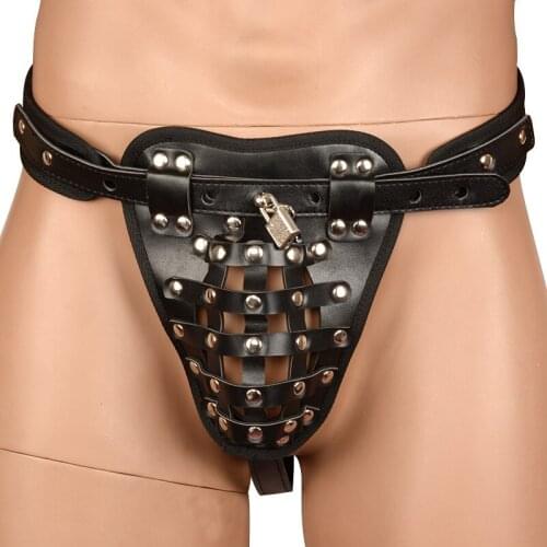 PU Leather Male Chastity Cage Belt Device Pants Underwear Lock Penis Rings BDSM Bondage Erotic Sex Toys for Men Adults Games 18