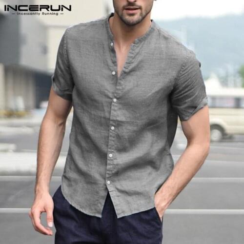 2021 Summer Leisure Solid Color Men Shirts INCERUN Vintage Short Sleeve Stand Collar Blouse Man Loose Button Tops Masculina 5XL